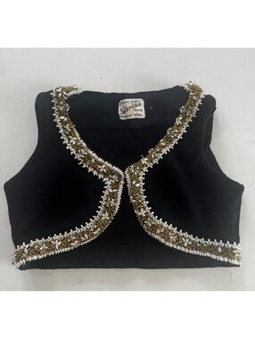 Vintage Sabrina Knits Black 100% Wool Beaded Cropped Bolero Vest Hong Kong
